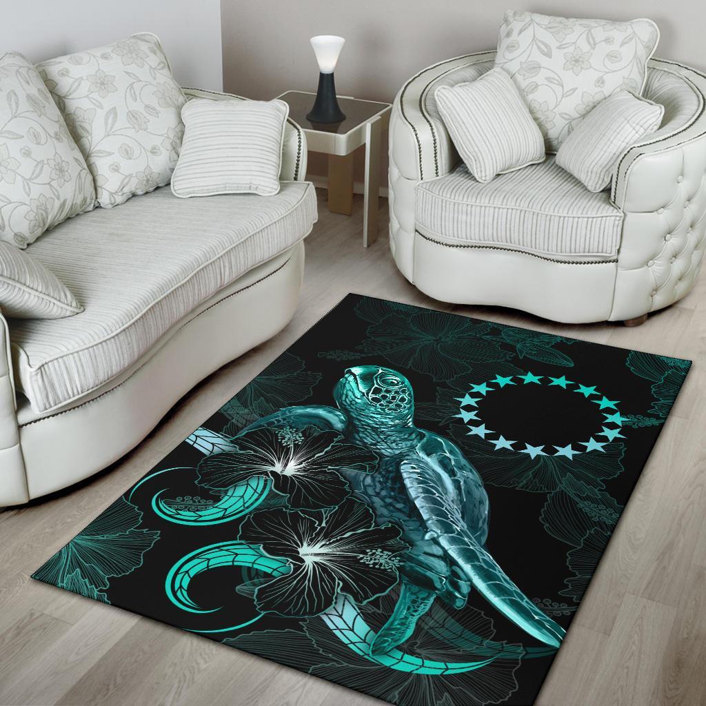 Cook Islandss Polynesian Area Rugs - Turtle With Blooming Hibiscus Turquoise
