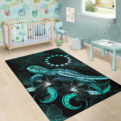 Cook Islandss Polynesian Area Rugs - Turtle With Blooming Hibiscus Turquoise