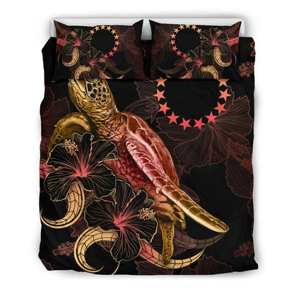 Cook Islands Polynesian Bedding Set - Turtle With Blooming Hibiscus Gold