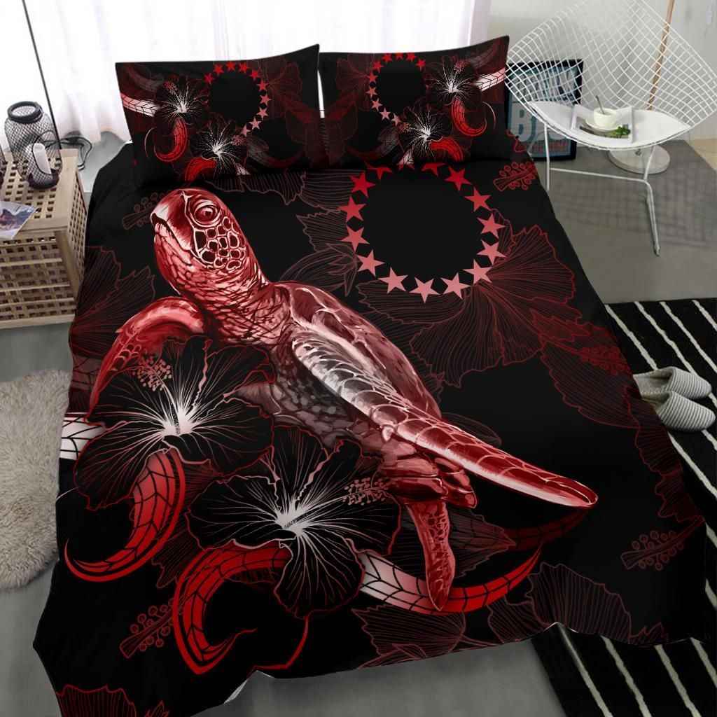 Cook Islands Polynesian Bedding Set - Turtle With Blooming Hibiscus Red