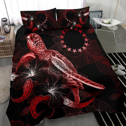 Cook Islands Polynesian Bedding Set - Turtle With Blooming Hibiscus Red