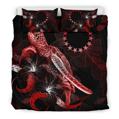Cook Islands Polynesian Bedding Set - Turtle With Blooming Hibiscus Red
