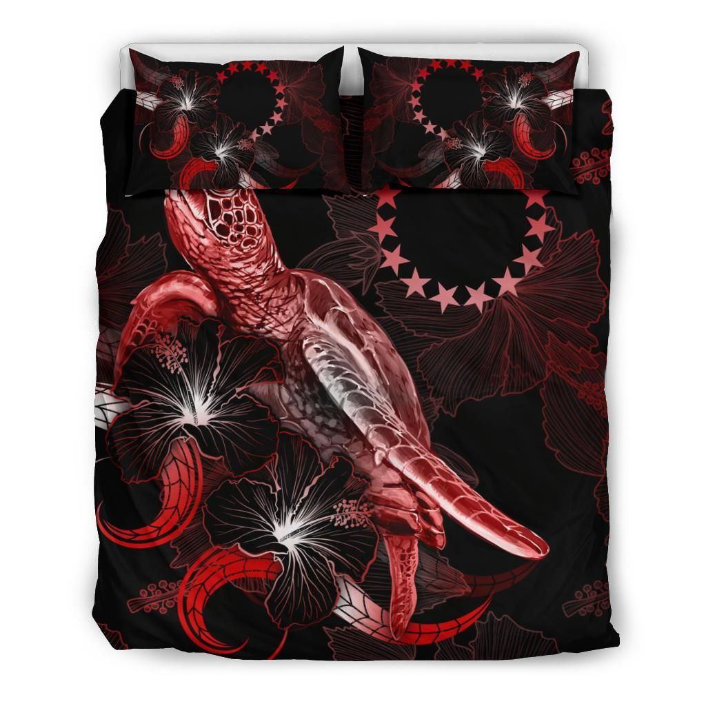 Cook Islands Polynesian Bedding Set - Turtle With Blooming Hibiscus Red