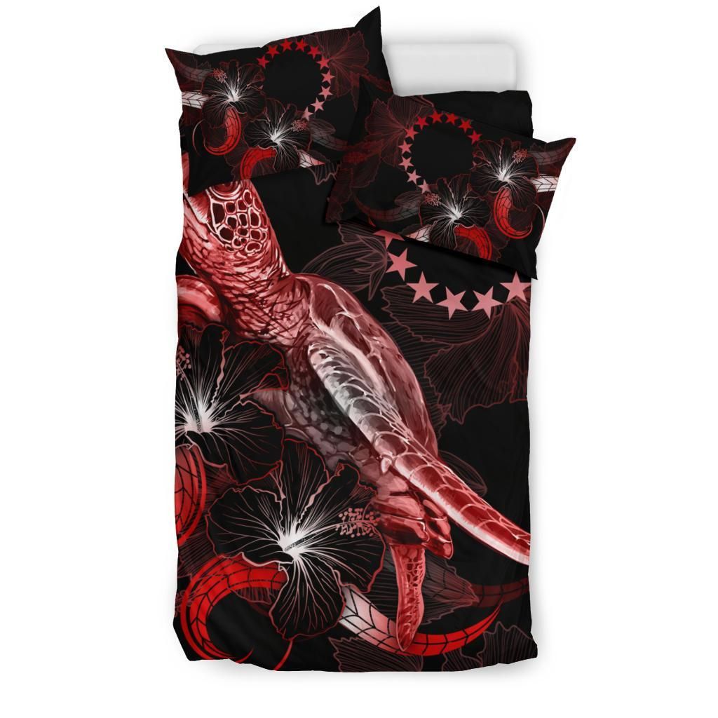 Cook Islands Polynesian Bedding Set - Turtle With Blooming Hibiscus Red