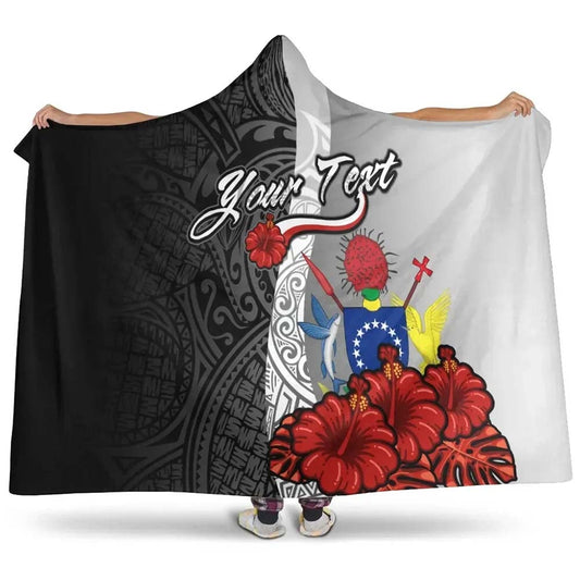 Cook Islands Polynesian Custom Personalised Hooded Blanket- Coat Of Arm With Hibiscus White