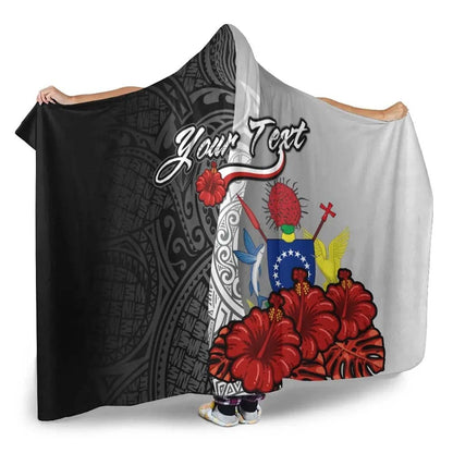 Cook Islands Polynesian Custom Personalised Hooded Blanket- Coat Of Arm With Hibiscus White