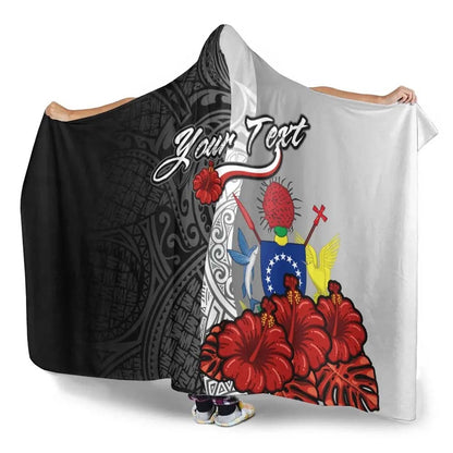 Cook Islands Polynesian Custom Personalised Hooded Blanket- Coat Of Arm With Hibiscus White