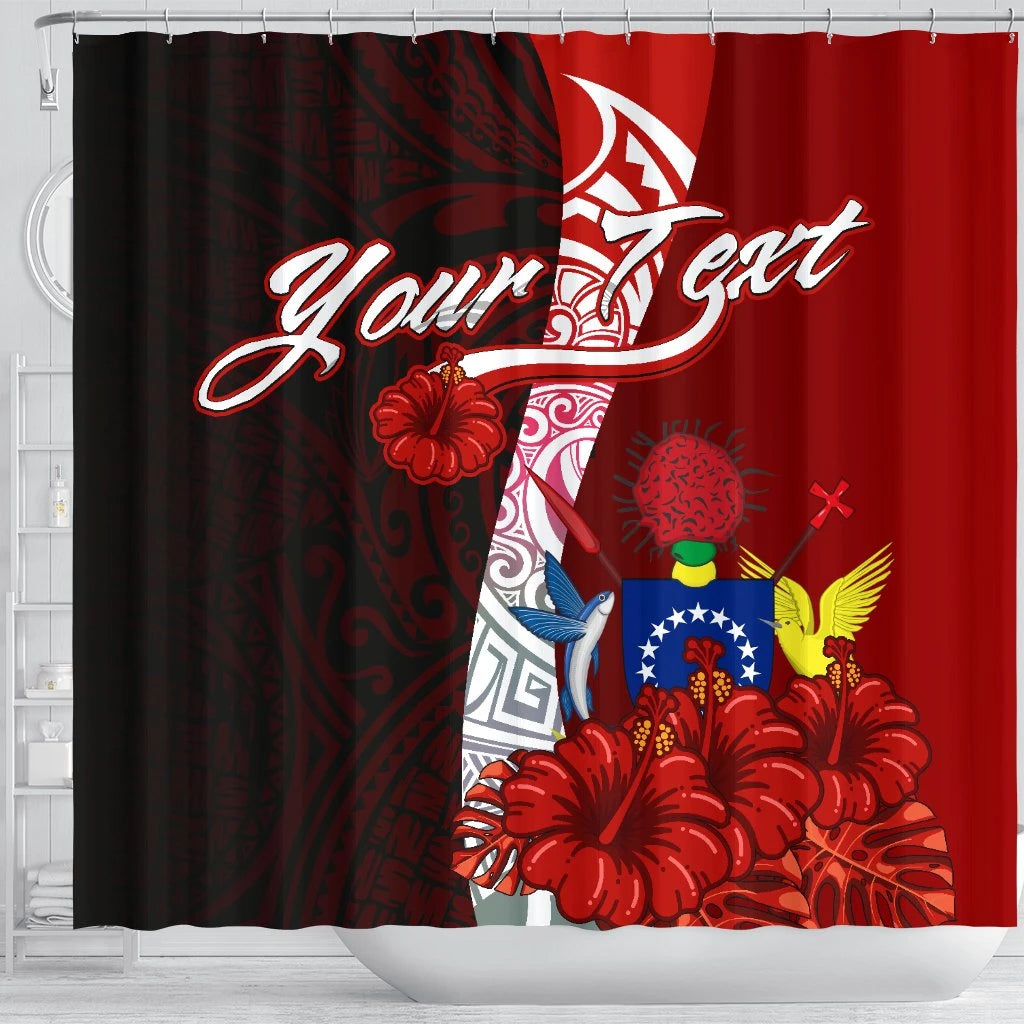 Cook Islands Polynesian Custom Personalised Shower Curtain - Coat Of Arm With Hibiscus