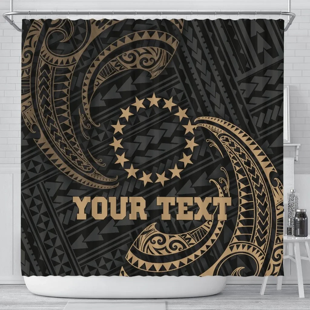 Cook Islands Polynesian Custom Personalised Shower Curtain - Gold Tribal Wave