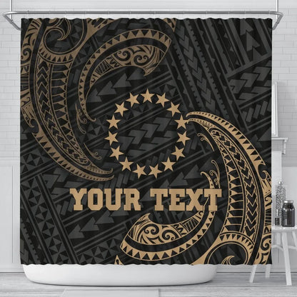 Cook Islands Polynesian Custom Personalised Shower Curtain - Gold Tribal Wave