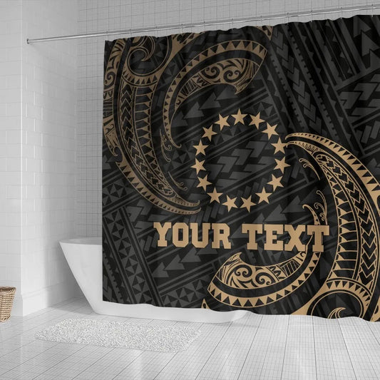 Cook Islands Polynesian Custom Personalised Shower Curtain - Gold Tribal Wave