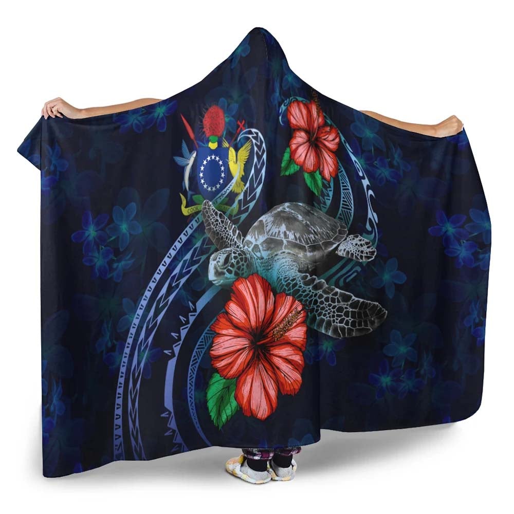 Cook Islands Polynesian Hooded Blanket - Blue Turtle Hibiscus