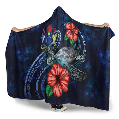Cook Islands Polynesian Hooded Blanket - Blue Turtle Hibiscus