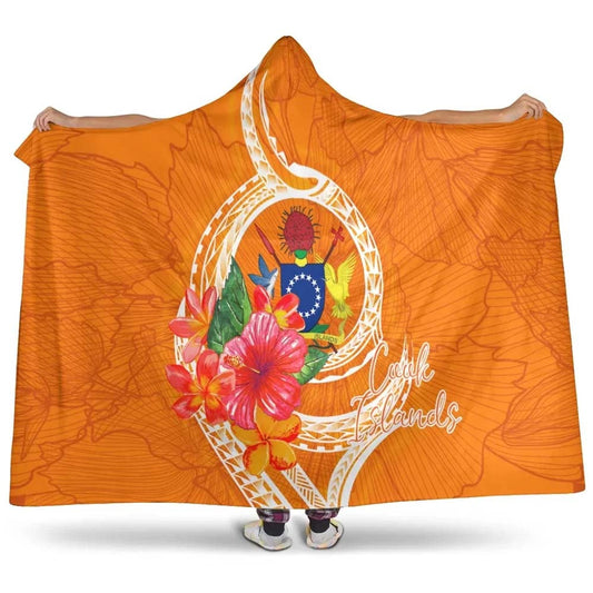 Cook Islands Polynesian Hooded Blanket - Orange Floral With Seal