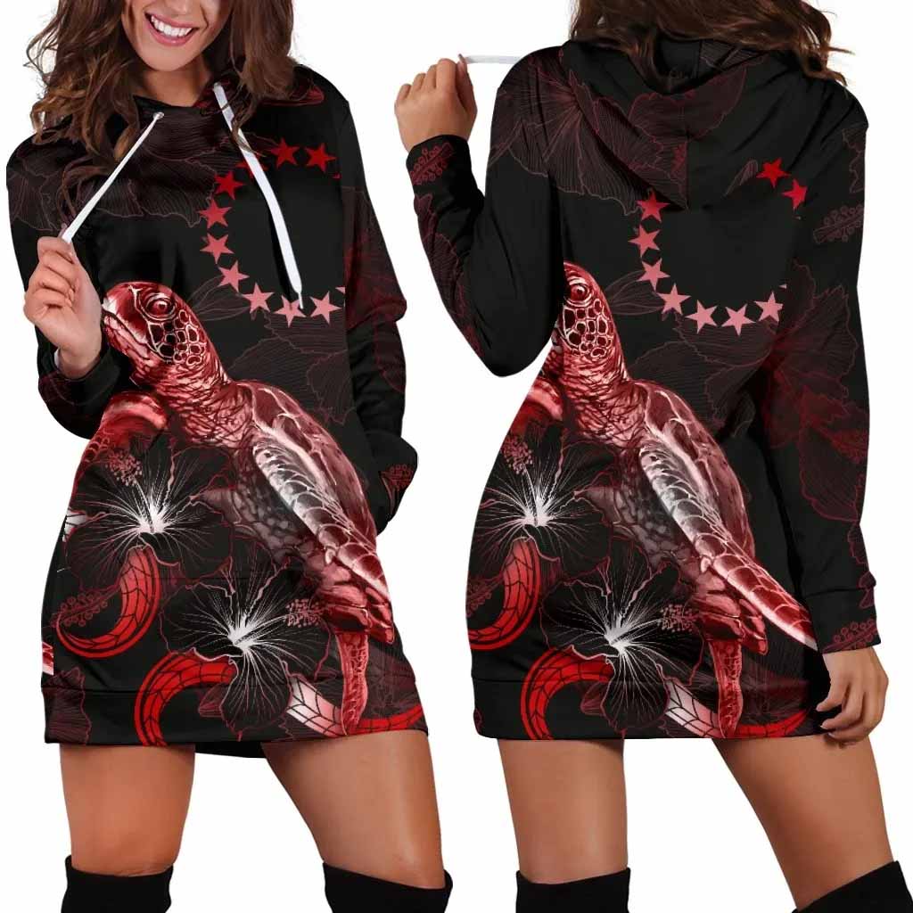 Cook Islands Polynesian Hoodie Dress - Turtle With Blooming Hibiscus Red