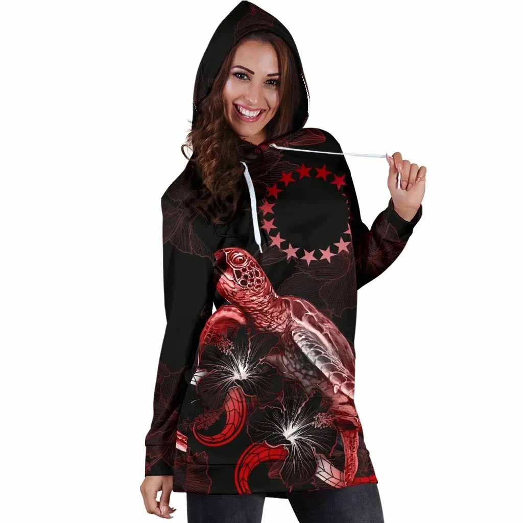 Cook Islands Polynesian Hoodie Dress - Turtle With Blooming Hibiscus Red