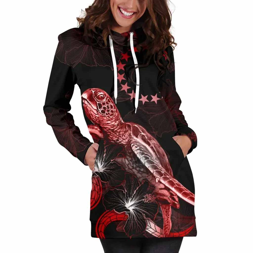Cook Islands Polynesian Hoodie Dress - Turtle With Blooming Hibiscus Red