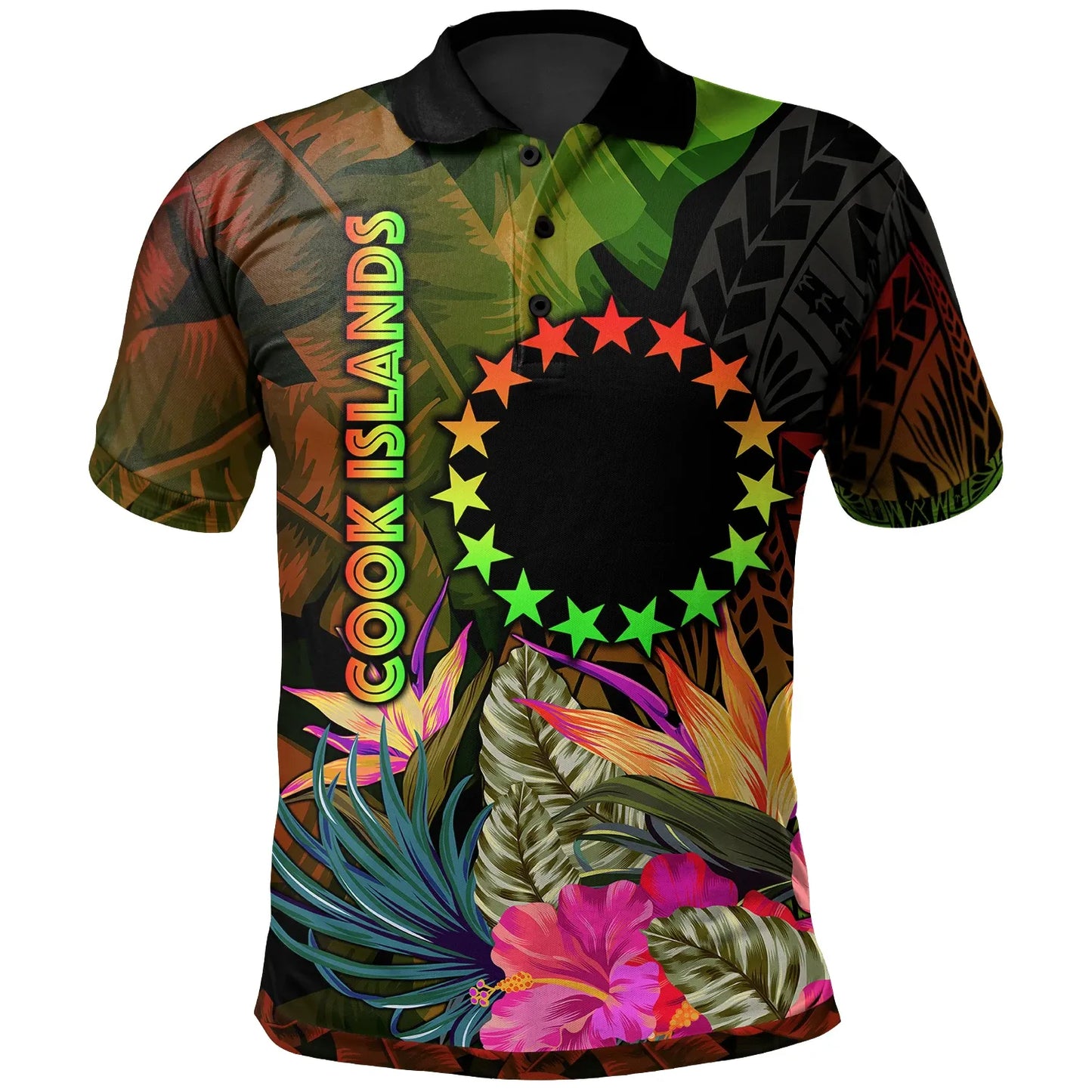 Cook Islands Polynesian Polo -  Hibiscus and Banana Leaves