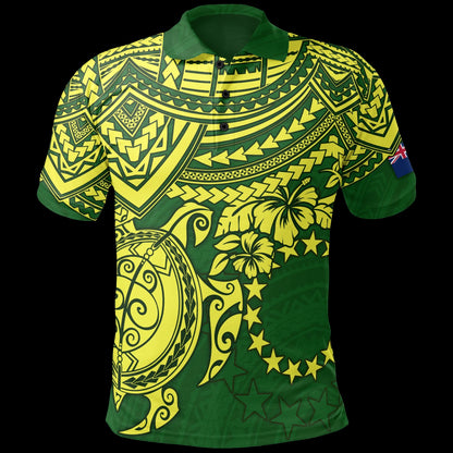 Cook Islands Polo Shirt - Cook Islands Flag Yellow Turtle Hibiscus