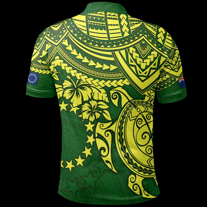 Cook Islands Polo Shirt - Cook Islands Flag Yellow Turtle Hibiscus