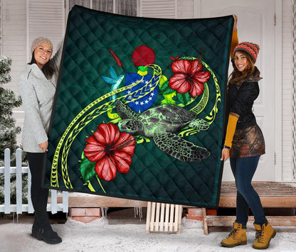 Cook Islands Polynesian Premium Quilt - Green Turtle Hibiscus