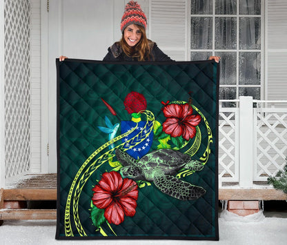 Cook Islands Polynesian Premium Quilt - Green Turtle Hibiscus