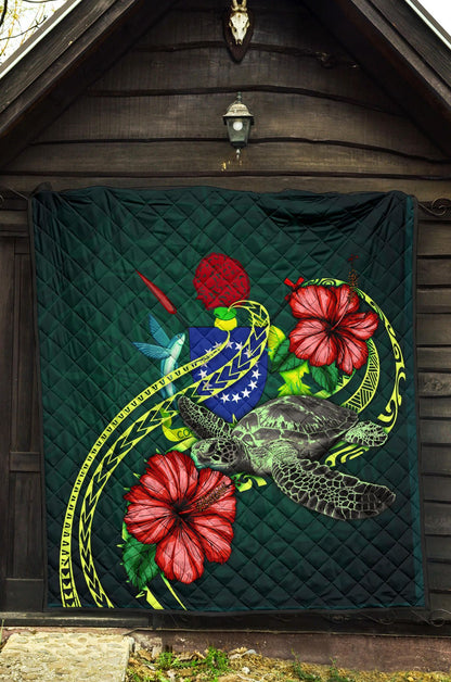 Cook Islands Polynesian Premium Quilt - Green Turtle Hibiscus