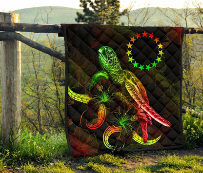 Cook Islands Polynesian Premium Quilt - Turtle With Blooming Hibiscus Reggae
