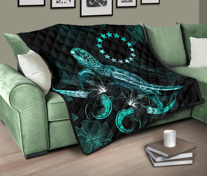 Cook Islands Polynesian Premium Quilt - Turtle With Blooming Hibiscus Turquoise