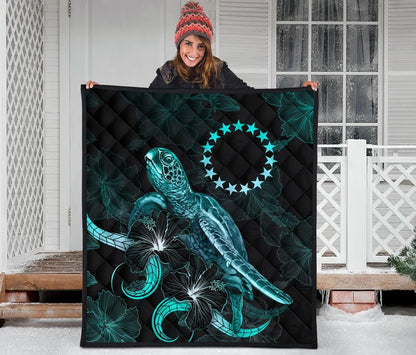 Cook Islands Polynesian Premium Quilt - Turtle With Blooming Hibiscus Turquoise