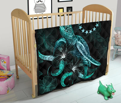 Cook Islands Polynesian Premium Quilt - Turtle With Blooming Hibiscus Turquoise
