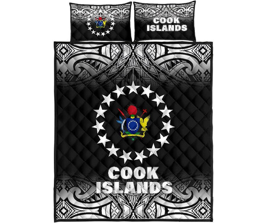 Cook Islands Quilt Bed Set - Cook Islands Flag Coat Of Arms Polynesian Tattoo Black Fog Style