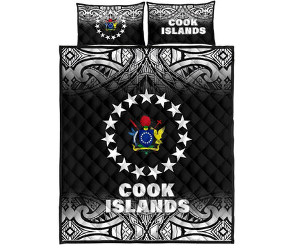 Cook Islands Quilt Bed Set - Cook Islands Flag Coat Of Arms Polynesian Tattoo Black Fog Style