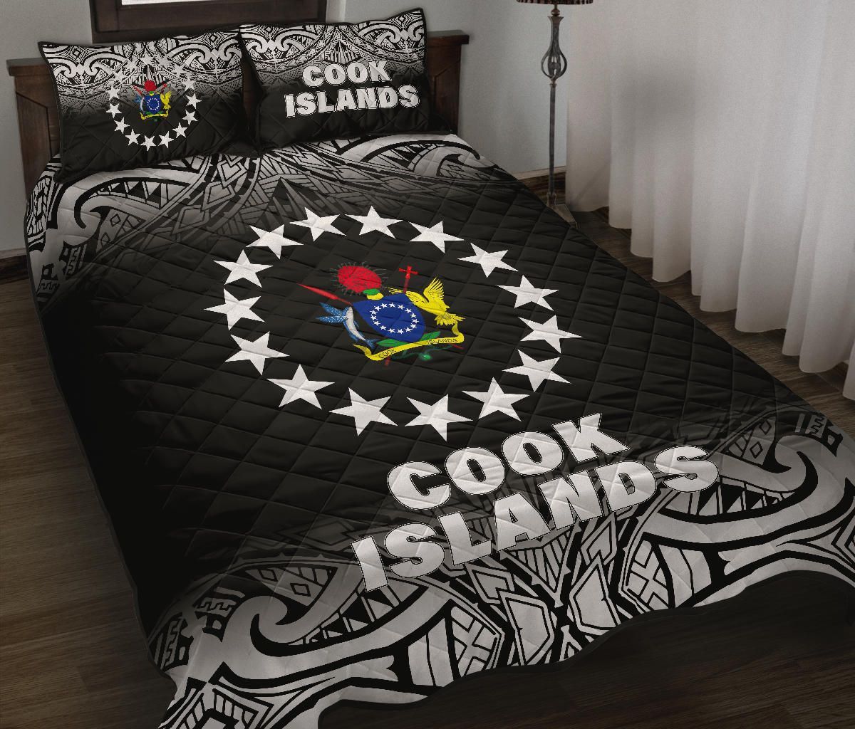 Cook Islands Quilt Bed Set - Cook Islands Flag Coat Of Arms Polynesian Tattoo Black Fog Style