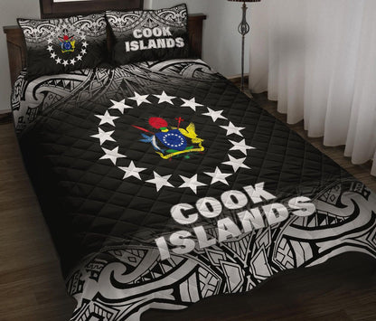 Cook Islands Quilt Bed Set - Cook Islands Flag Coat Of Arms Polynesian Tattoo Black Fog Style