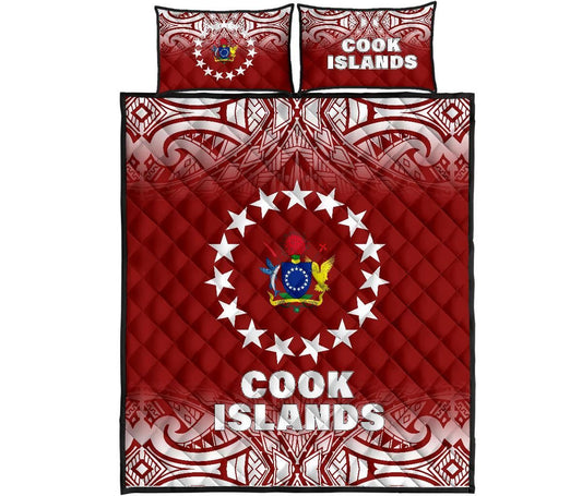 Cook Islands Quilt Bed Set - Cook Islands Flag Coat Of Arms Polynesian Tattoo Red Fog Style