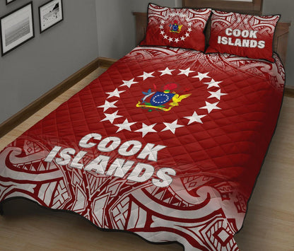 Cook Islands Quilt Bed Set - Cook Islands Flag Coat Of Arms Polynesian Tattoo Red Fog Style
