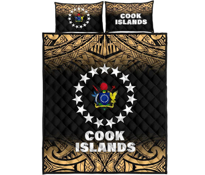 Cook Islands Quilt Bed Set - Cook Islands Flag Coat Of Arms Polynesian Tattoo Black Fog Style