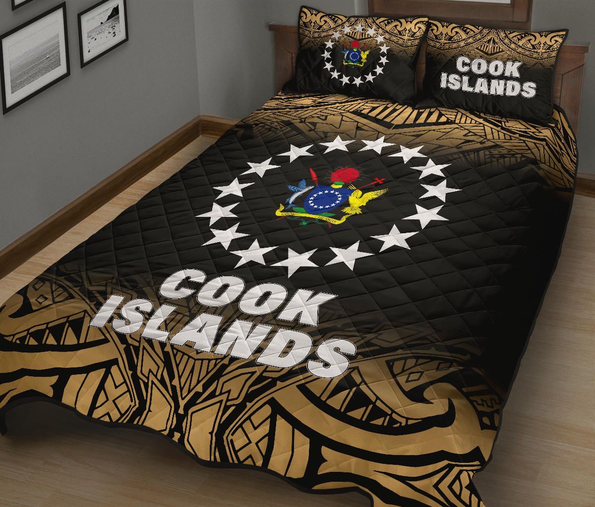Cook Islands Quilt Bed Set - Cook Islands Flag Coat Of Arms Polynesian Tattoo Black Fog Style