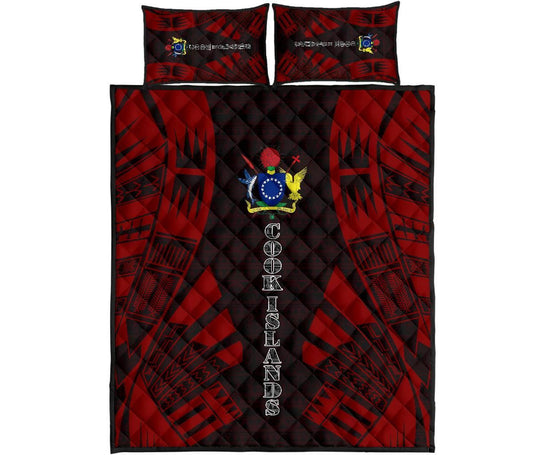 Cook Islands Quilt Bed Set - Cook Islands Coat Of Arms & Polynesian Red Tattoo Style2