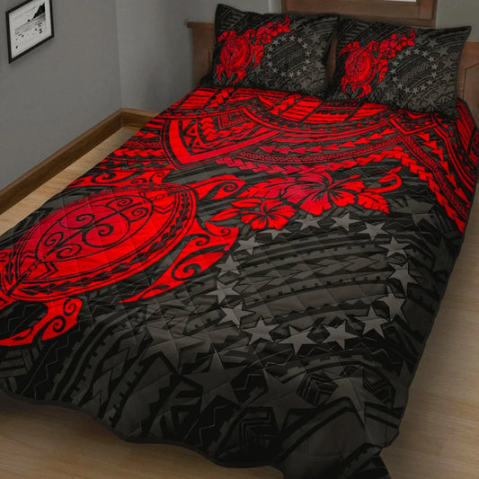 Cook Islands Polynesian Quilt Bed Set - Cook Islands Flag & Red Turtle Hibiscus