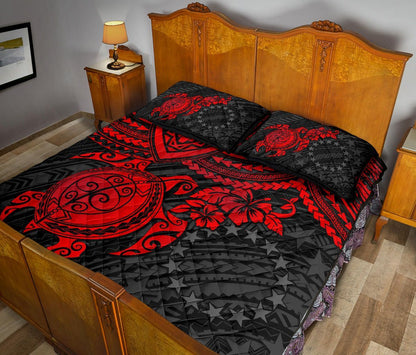 Cook Islands Polynesian Quilt Bed Set - Cook Islands Flag & Red Turtle Hibiscus