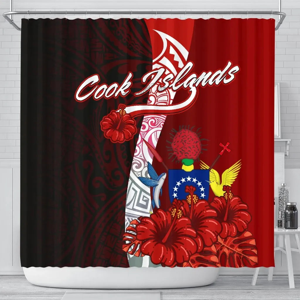 Cook Islands Polynesian Shower Curtain - Coat Of Arm With Hibiscus