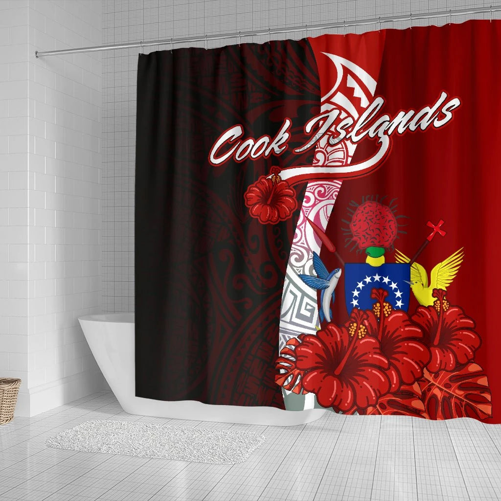 Cook Islands Polynesian Shower Curtain - Coat Of Arm With Hibiscus