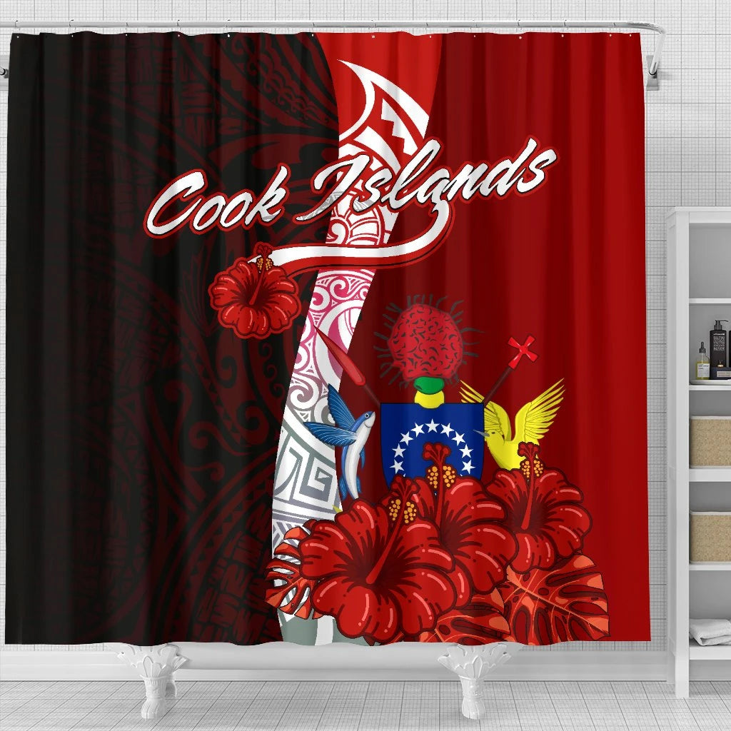 Cook Islands Polynesian Shower Curtain - Coat Of Arm With Hibiscus