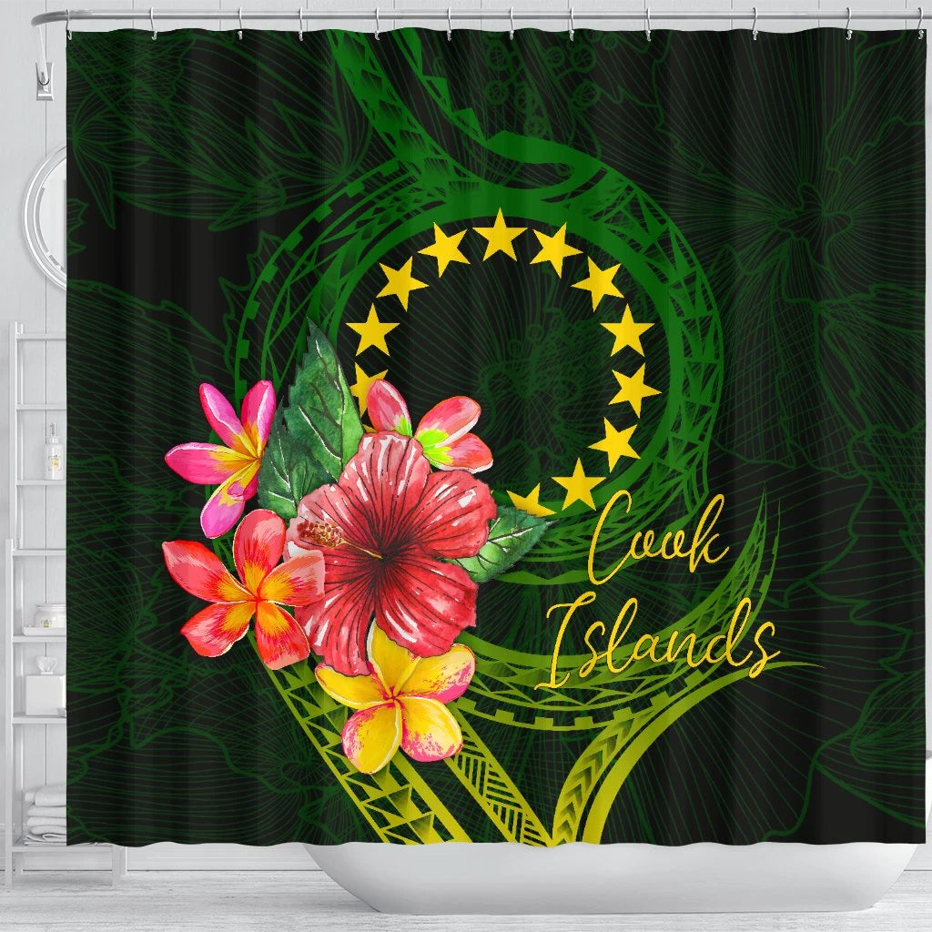 Cook Islands Polynesian Shower Curtain- Floral With Seal Flag Color