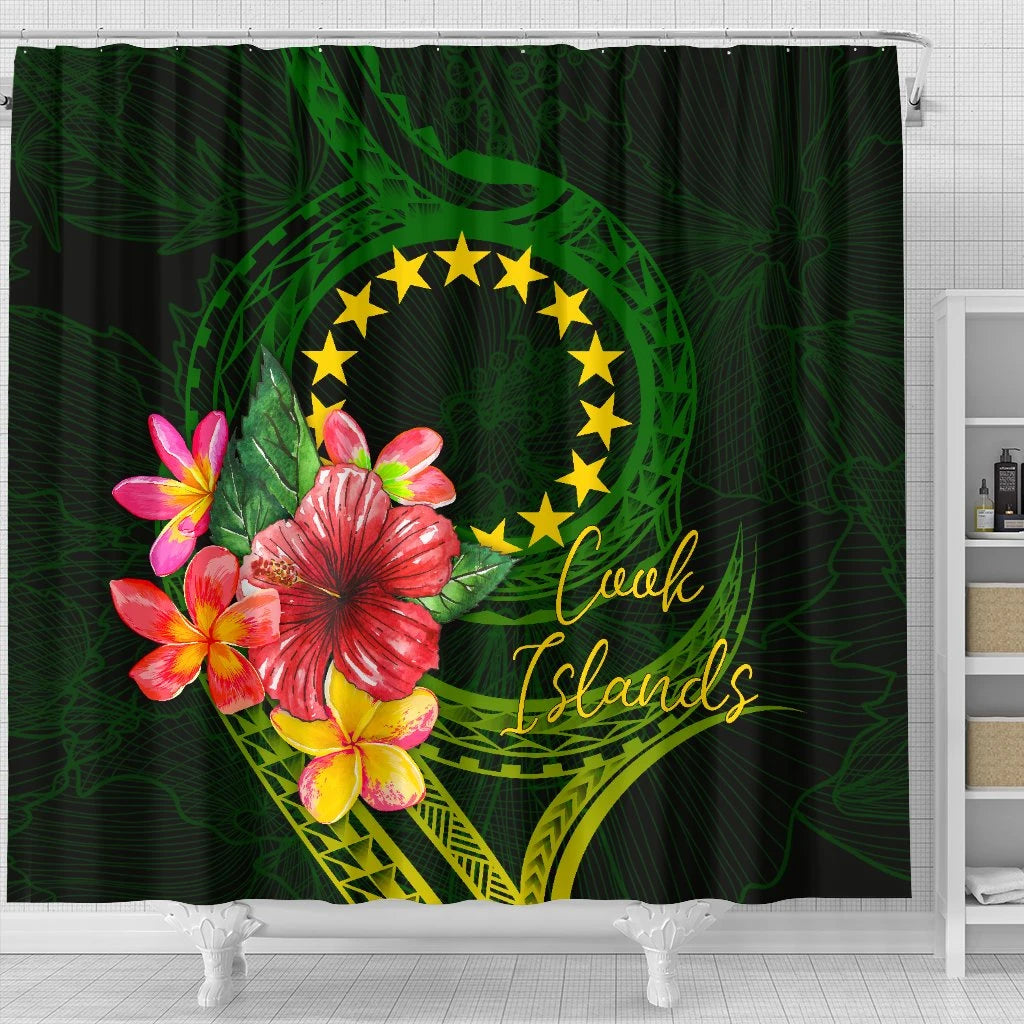Cook Islands Polynesian Shower Curtain- Floral With Seal Flag Color
