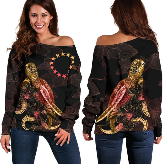 Cook Islands Polynesian Women Off Shoulder Sweater - Turtle With Blooming Hibiscus Gold