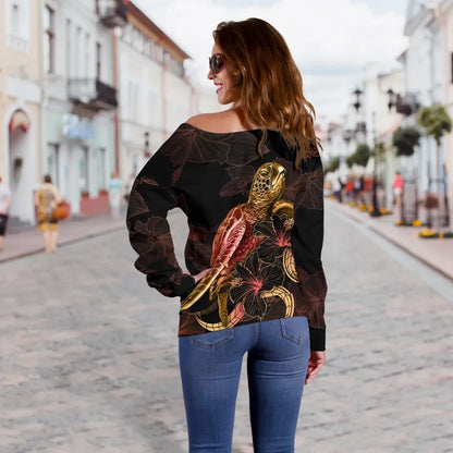 Cook Islands Polynesian Women Off Shoulder Sweater - Turtle With Blooming Hibiscus Gold