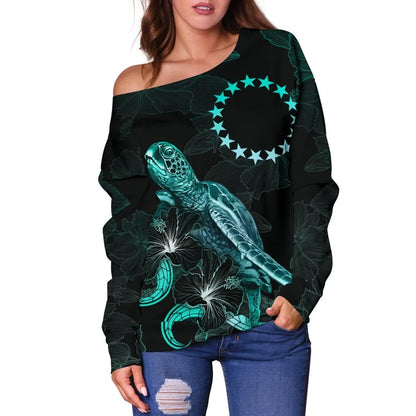 Cook Islands Polynesian Women Off Shoulder Sweater - Turtle With Blooming Hibiscus Turquoise